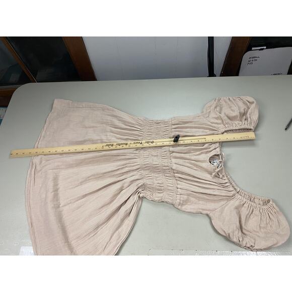 Vtg Poof Dress Womens Large Beige Tan Smocked Gauzy Milkmaid Peasant Babydoll - Picture 9 of 13